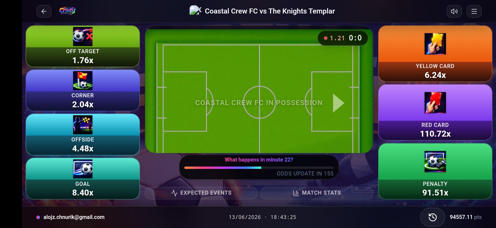 Live football match interface on desktop