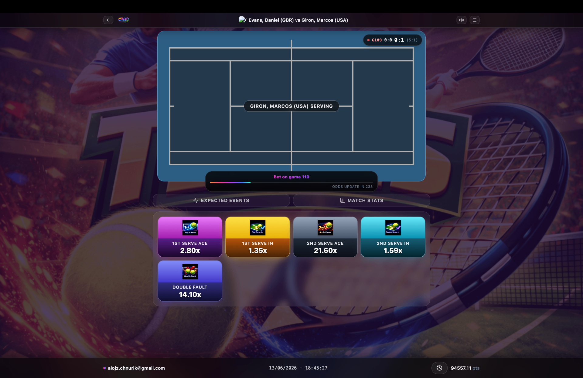 Tennis live match interface on desktop